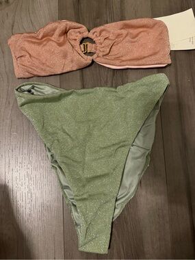 Baobab Collection Peach Bandeau Top with Sage Green High-Waist Bottom